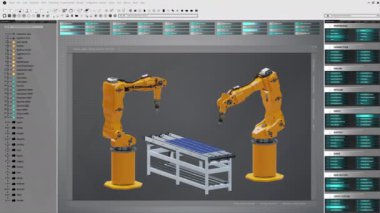 Fabrikadaki yüksek teknoloji üretimi sırasında robot silah üreten güneş panelleri üreten 3 boyutlu bilgisayar programı. Fotovoltaik fabrikasında kullanılan yazılım programlama altyapısının 3 boyutlu animasyonu