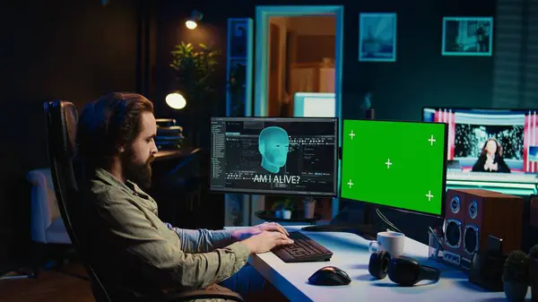 stock image AI becoming sentient, talking with confused developer, asking existential questions, isolated screen PC. Concept of artificial intelligence gaining consciousness, mockup monitor, camera B