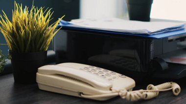 Şirket evrakları yazıcının üstünde, telefon ve mini ev bitkileri ofis masasında. İş belgeleri, baskı makinesi ve telefon muhasebe işyerindeki masada.