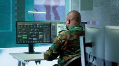 Askerlerin gerçek zamanlı verileri analiz ettiği yüksek teknoloji askeri ofis, istihbarat bilgilerini işlemek ve askeri saha görevlerini etkin bir şekilde desteklemek için stratejik operasyonları koordine etmek. Kamera A.