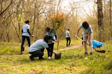 Çevrecilerden oluşan çeşitli bir ekip ormana ağaç dikmek için çukur kazıyor, doğal ekosistemi korumak ve orman habitatını korumak için birlikte çalışıyorlar. Koruma projesi.