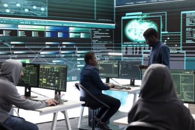 Hükümet hackerları siber tehditlere karşı korunmak için gelişmiş yazılım kullanıyor, ekip halinde çalışıyorlar. Siber güvenlik, veri ve ağ koruması uzmanları yüksek teknoloji ofisinde güçlerini birleştiriyor.