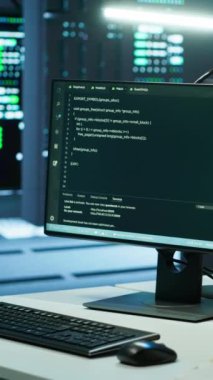 Platformları yönetmek için kullanılan ağ sistemli dikey video veri merkezi işyeri. Bilgisayar ekranları sunucu çiftliğinde ekipman ve el kamerası görüntülerinde kullanılır.