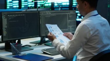 Veri merkezindeki sistem yöneticisi donanımın doğru belgelerini tutuyor, raporlar hazırlıyor. Yüksek teknoloji sunucu çiftliğinde bilişim uzmanı işyeri felaket kurtarma planı yapıyor, kamera A