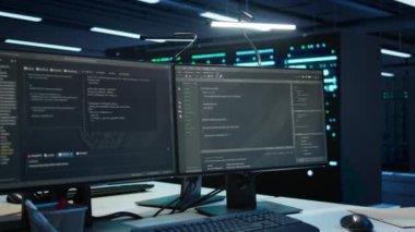 Güvenlik tehditlerini izlemek için kullanılan modern veri merkezinde bilgisayar görüntüsü. Yüksek teknoloji tesis yöneticilerinin yönetmeliklere uymasını sağlamak için kullandıkları bilgisayar görüntülerinin görüntülenmesi
