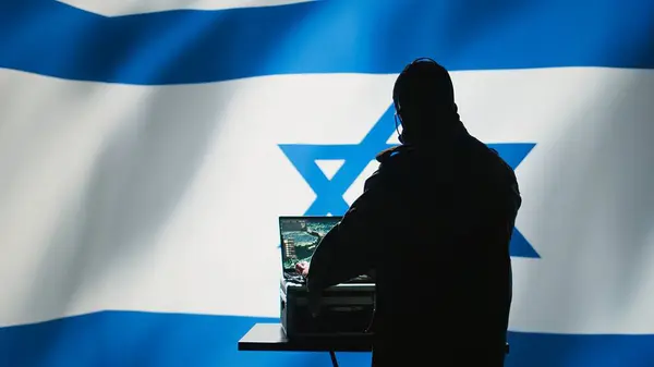 stock image Communication systems operator working for Mossad using radio and satellite equipment, providing combat support. Israeli military dispatcher managing broadcasting networks, Israel flag, camera B