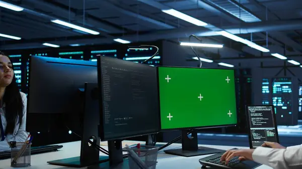 stock image System administrator in data center installing software on isolated screen PC, troubleshooting issues. Admin uses mockup computer in server hub, establishing performance benchmarks, camera B