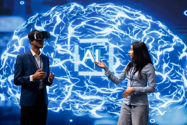 stock image IT specialist coding in modern lab using VR tech, programming artificial intelligence computing simulating human brain. Programmer using virtual reality gear to build AI machine learning algorithms