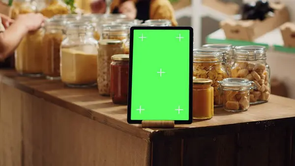 stock image Mockup tablet with empty copy space used as commercial sign in zero waste supermarket, close up. Isolated screen device acting as promotional message in food store with biodegradable packaged products