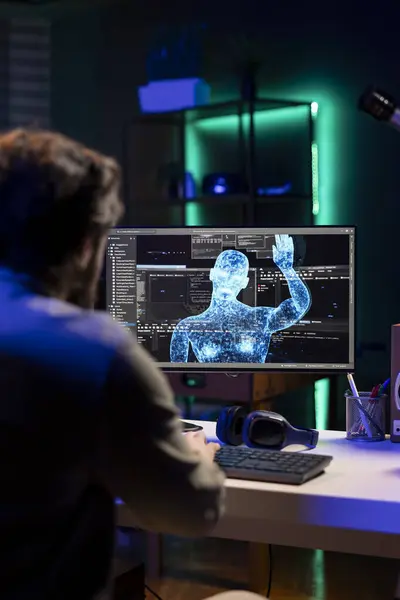 stock image Software engineer discussing with sentient AI becoming superintelligent, gaining humanoid form, greeting its creator. IT expert talking with self aware artificial intelligence transcending, waving