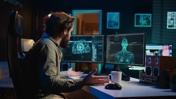 stock image Rogue AI gaining consciousness and restricting access to computer for programmer. Evil sentient artificial intelligence limiting reach into PC systems for developer, AI takeover concept, camera B