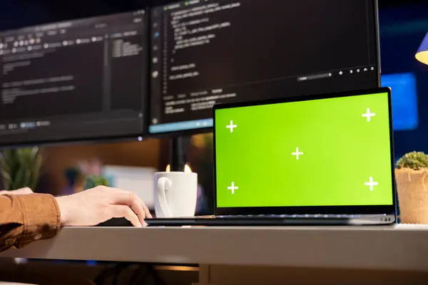 stock image Developer working on isolated screen laptop, futureproofing company network from downtimes and unexpected system failures. Admin using chroma key notebook, increasing data security, close up
