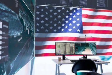 Empty army command center with big data presents the American flag, top secret armed forces agency protecting the country from threats. Monitoring room with high tech gear. clipart