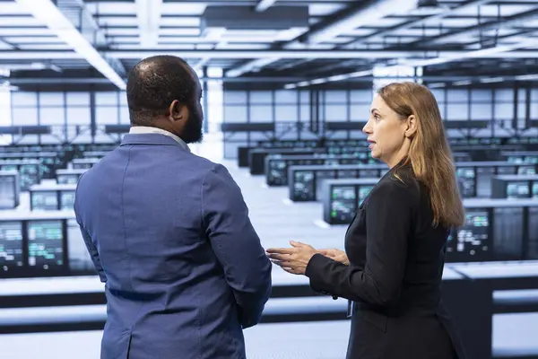 stock image Management executive overseeing data center, checking security enforcement, ensuring business continuity. People in server farm maintaining compliance with industry regulations