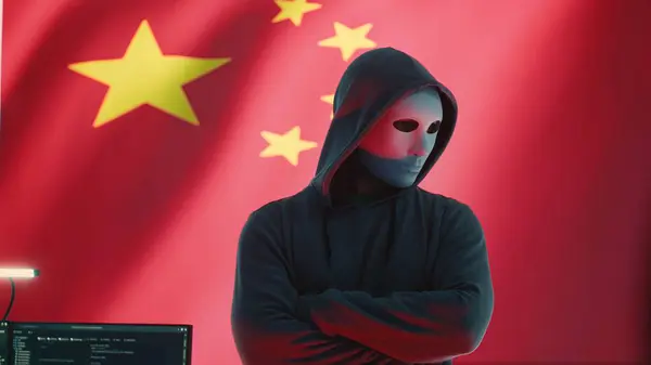 stock image Chinese anonymous hackers group supervises criminal activity and propaganda in Chinese cybersecurity center with the national flag. Spreading fake news about the autocracy and dictatorship. Camera A.