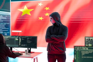 Chinese cyber forces hacking computer systems in a governmental agency, fake news and brainwashing for the communism ideology. Anonymous cyberterrorism and malicious activities. clipart