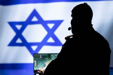 Iranian spy in intelligence agency control room uses military tech to identify threats during Arab Israeli conflict. Mossad secret agent uses software to do war covert operations clipart