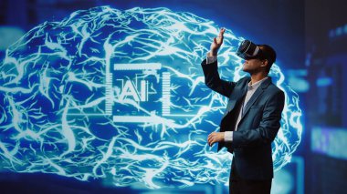 System administrator wearing VR headset looking at hologram of artificial intelligence human brain simulation. IT expert interacting with AI visualization showing deep learning algorithms, camera B clipart