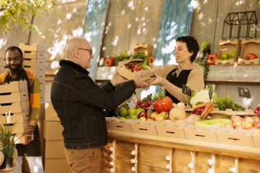 Çiftçi pazarından organik doğal tarım ürünleri alan yaşlı erkek müşteri, satıcı mevsimlik taze ürünler veriyor. Renkli tarım eko meyveleri ve sebzeler taşıyan son sınıf öğrencisi..