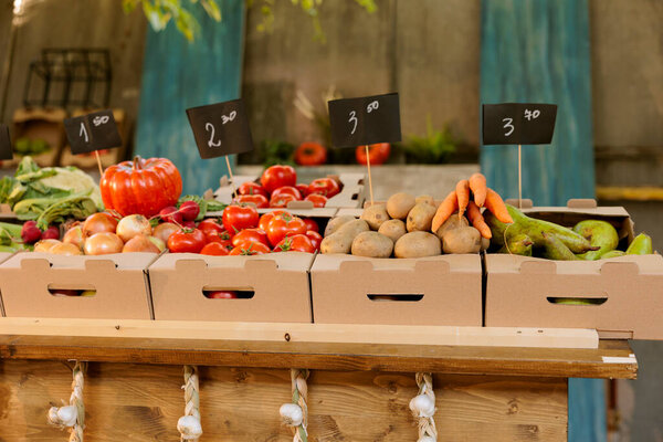 Natural eco friendly organic produce in cardboard boxes at agricultural harvest fair kiosk. Various freshly harvested bio fruits and vegetables are displayed at empty farmers market booth stalls.
