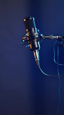 Sahnedeki dikey video kayıt mikrofonu rock ya da pop müzik yapmak için kullanılır, konser öncesi canlı yaratıcı performans. Canlı müzik için elektronik cihazları olan boş bir alan ve