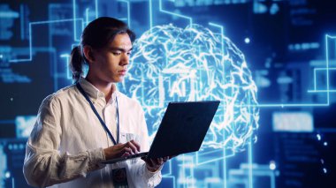 Trained IT practitioner in data center uses artificial intelligence computing simulating human brain thought processes. Certified tech support admin works on laptop with AI machine learning algorithms clipart