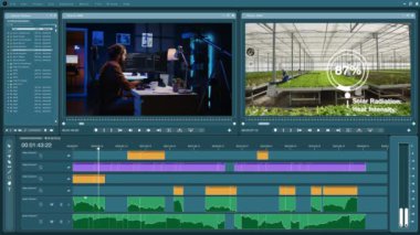 Video düzenleyici yazılım arayüzü, multimedya içeriği oluşturmak için profesyonel olarak klipleri rötuşlamak, budamak ve birleştirmek için kullanılır. Video programı UI film endüstrisi için değiştirilen görüntüleri gösteriyor
