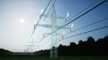 Yüksek voltaj akımına sahip endüstriyel metal güç kulesi gökyüzü ufkundan geçen kablolardan geçiyor, AR verileri. Altyapı elektrik dağıtımına olanak sağlıyor, 3D canlandırma zamanı