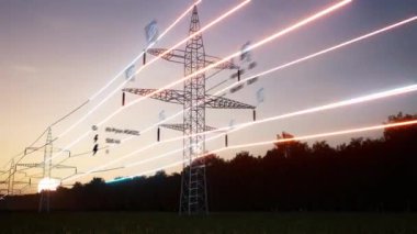 Enerji akışının, günbatımı ufuk çizgisinden geçen elektrik aktarımının görüntüsü. Birbirine bağlı kablolar içinde sürdürülebilir elektrik akışının AR verisi, 3D görüntüleyici