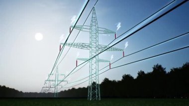 AR veri görselleştirmesi elektrik iletimi ve dağıtımında kullanılan güç hatlarından geçen enerjinin. Çelik kule yüksek voltaj elektrik kabloları gece gökyüzü üzerinde, 3D canlandırma