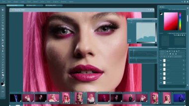 Parlaklık seviyelerini ayarlayan, profesyonel rötuş yapan kadın için kullanılan grafik düzenleyici yazılım arayüzü. Fotoğraf manipülasyonu UI modelin görüntü değişikliklerini, yıldırım eğrilerini gösteriyor