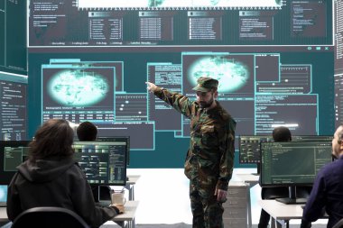 Ulusal güvenlik üzerinde çalışan bir siber operasyon odasında askeri hackerlar. Bilgi savaşı sırasında siber terörizmle mücadele ve dijital çatışmalara karşı koruma, yüksek teknoloji.