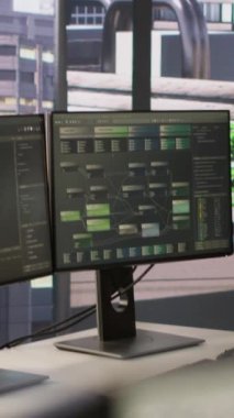 Yapay zeka nöro ağ yazılım teknolojisi yapımında kullanılan dikey video boş bilişim departmanı ofisi. Şirket çalışma alanındaki bilgisayar monitörlerini kapatın, kimse girmesin ve masalarda aygıtlar bırakılsın.