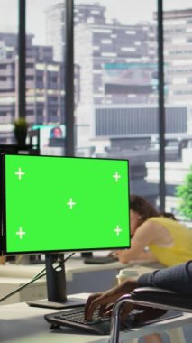 Yeşil ekran PC 'de engelli testleri ve konuşlandırma programları ve sistemleri olan dikey video kişi. Tekerlekli sandalyedeki yazılım teknisyeni. Model bilgisayardaki kodu kontrol ediyor. Ofiste oturuyor.