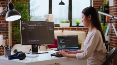 Uzman bilişim uzmanı uzaktan çalışırken rahat bir ofisteki çift monitörlere kod yazar. Asyalı kadın kodlamada ve internet güvenliğinde verimlilik için programlama dili kullanır. Kamera B.