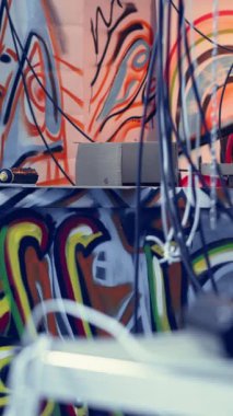 Terkedilmiş binalarda duvarlara graffiti sanatının dikey videosu, alternatif yaşam tarzı kavramı. Gençler tarafından karargah olarak kullanılan terk edilmiş varoş binasının görüntüsü.