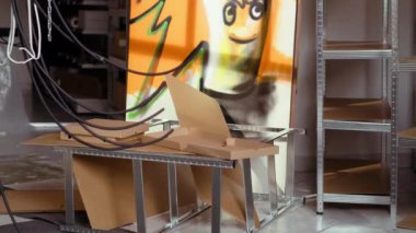 Endüstriyel ambardaki boş pizza kutularını kapatın. Duvarlarda grafiti çizimleri olsun. Suçlular tarafından suç cenneti olarak kullanılan yeraltı mekânında arta kalan çöpler.