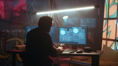Hacker sisli karanlık bodrumda kötü niyetli kod çalıştırmak için yüksek teknoloji bilgisayar sistemi kullanıyor. Kaçak programcı, neon ışıklı suç saklanma yeri B kamerasında bilgisayar kullanarak yasadışı işler yapıyor.