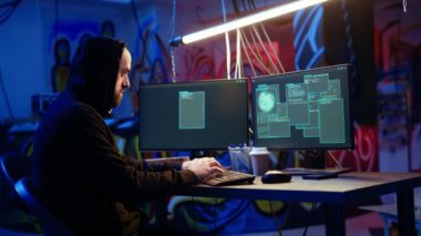 Hacker, gizli üste şifreleme virüsü fidye virüsü kullanarak başarılı bir bilgisayar sabotajı yaptıktan sonra mutlu oldu. Siber suçlular, kurbanların bilgilerine eriştikten sonra fidye talep ediyorlar. Kamera A:
