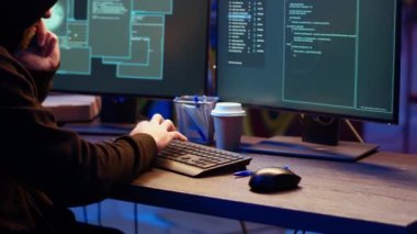 Hacker yeraltı sığınağında saklanıyor, telefon görüşmesinde arkadaşıyla sohbet ediyor, bilgisayar virüsü kullanarak kurbanlardan veri çaldıktan sonra endişeli, polis tarafından yakalanmaktan korkuyor, kamera B.