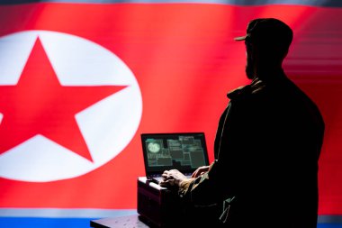 North Korea army unit responsible for air defense relaying instructions to squadrons patrolling over Korean borders. Pyongyang regime military expert uses laptop software to do ballistic tests clipart