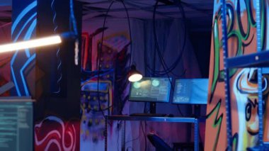 Bilgisayar ekranlarındaki yazılım arayüzü, geliştirme kodunun duvarlarına grafiti püskürtülmüş bir şekilde boş suçluların ininde çalıştığını gösteriyor. Yeraltı üssündeki kötü amaçlı yazılım programlarını hacklemek