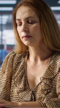 Dikey video. Yorgun iş kadını masasında yorgunluk belirtileri gösteriyor. İşinin talepleri karşısında bunalmış. İşçi profesyonel zorluklarla ve duygusal zorluklarla mücadele ediyor, zor bir gün.