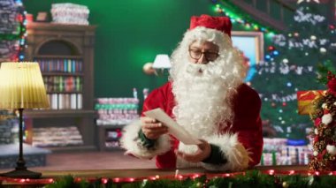 Noel Baba 'nın portresi, süslü püslü atölyesinde bir mektup okuyor. Noel Baba 'ya dilekler çocukluk sihriyle dolu, bayram döneminde, x mas geleneği. Kamera A.