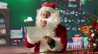 Noel Baba mektupları okur ve şenlik kabininde, kış tatili kutlamalarında çocukları mutlu etmek için hediyeler hazırladığını söyler. İkonik kırmızı takım elbiseli yaşlı adam. Kamera A.
