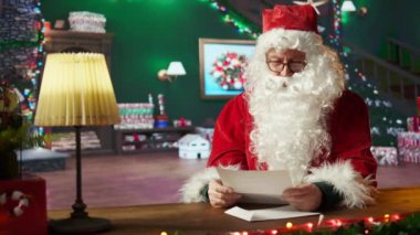 Aziz Niklas 'ın portresi çocuklardan gelen Noel mektuplarını okuyor, tatiller için hediyeler planlıyordu. İkonik kırmızı takım elbiseli ve beyaz sakallı adam bayram sezonunu temsil ediyor. Kamera B.