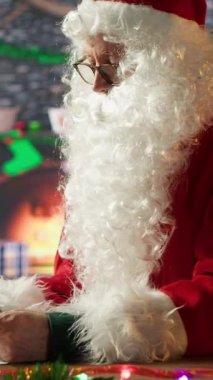 Noel Baba 'nın dikey video portresi çocuklardan gelen mektupları okur ve bu sezonki yolculuğuna hazırlanırken sessizlik işareti gösterir. Noel Baba yaşama dilek getirir, tatil büyüsü