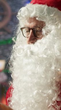 Dikey Görüntü Noel Baba, çocuklardan gelen mektupları okurken, Noel hediyesi teslimatı için mutlu hissederken, sessiz sembolü gösteriyor. Aziz Nicholas hayalleri canlandırır, tatilleri