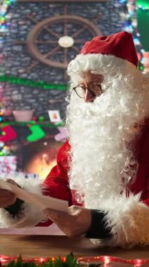 Dikey Video Renkli dekore edilmiş boş atölye bir dizüstü bilgisayar, şenlikli dekorasyonlar ve Noel tatili için büyülü bir neşe saçan süslemeler. Geleneksel kutlama
