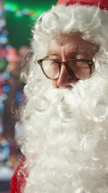 Dikey Videolu Noel Baba internette geziniyor. Bilgisayarını kullanarak dilek listelerini kontrol ediyor. Tatil neşesi ve online aktivitelerle dolu bir kulübe. Bu x mas, dünya haritasını kontrol ediyor.